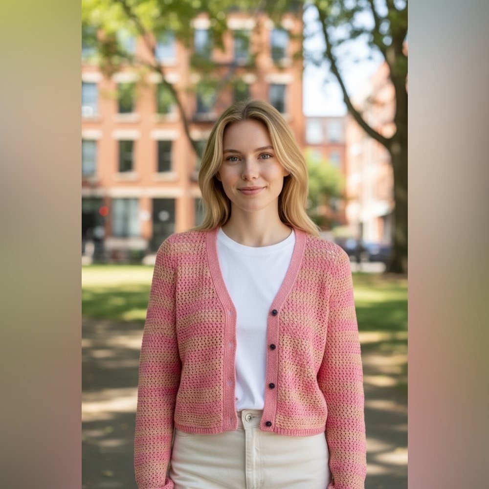 NWT Rag & Bone Women's Pink "Carson" Striped Crochet Cardigan Sweater Size L